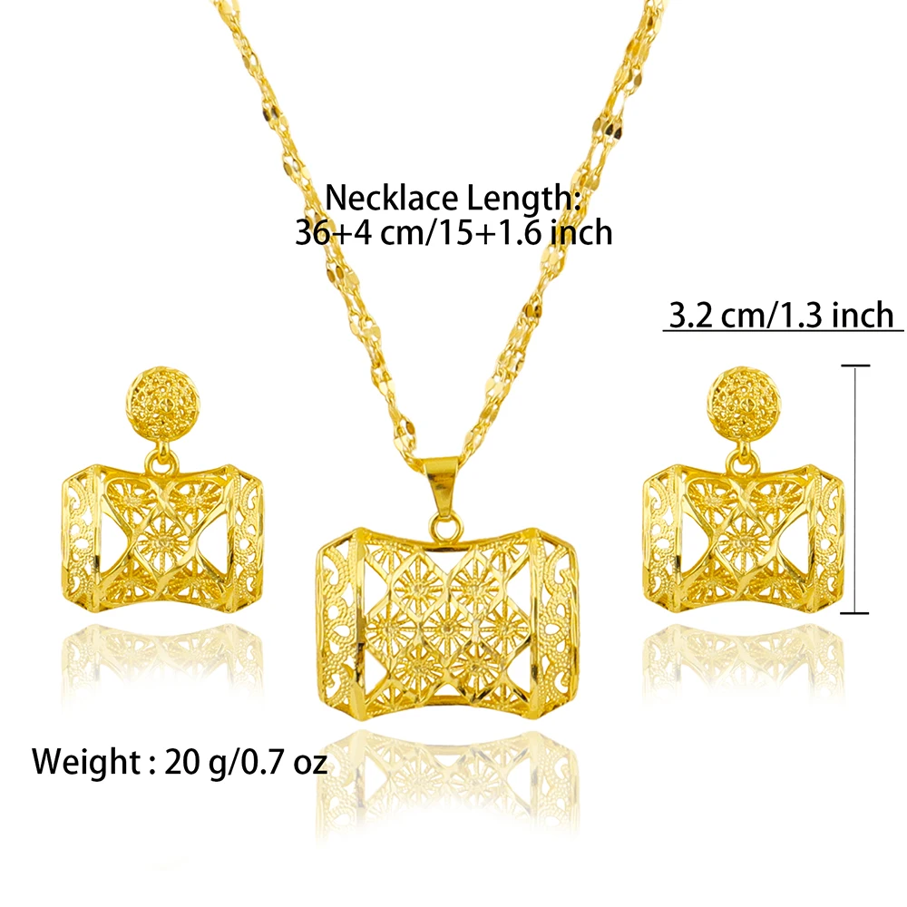 Indian Dubai Luxury Irregular 24k Gold Color Necklace Earrings Jewelry Set Daily Wear Wedding Anniversary Gifts