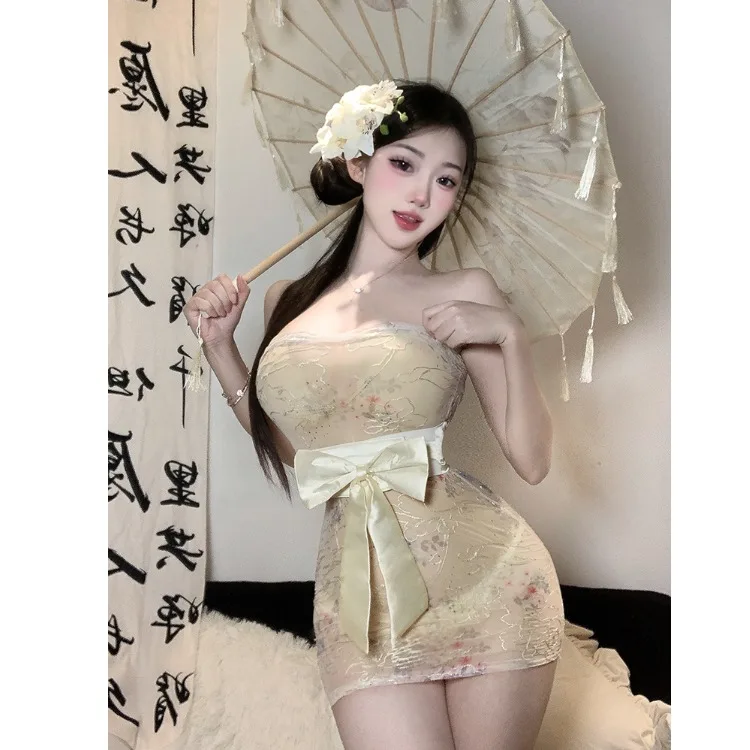 Sexy Invitation Small Scale See through Set Pure Desire Pink Cherry Blossom Kimono Tube Top Skirt Women's Fashion Spring 2025