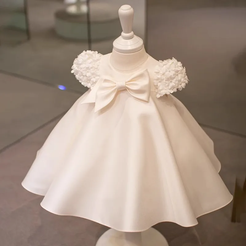 One Year Girl Baby Princess Dress for The First Birthday Celebration Handmade Flowered Dress with Fluffy Cotton Flower Fabric