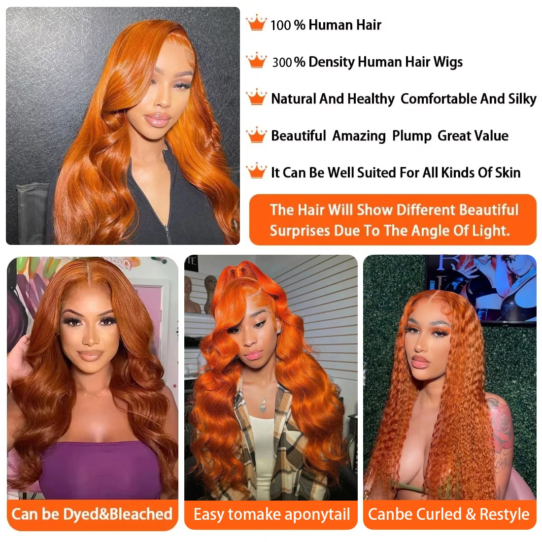 300% ​ الكثافة الجسم موجة 13x6 HD الدانتيل أمامي 100% خصلات الشعر المستعار الإنسان 14 36 بوصة الزنجبيل البرتقالي الدانتيل إغلاق شعر مستعار أمامي للنساء السود