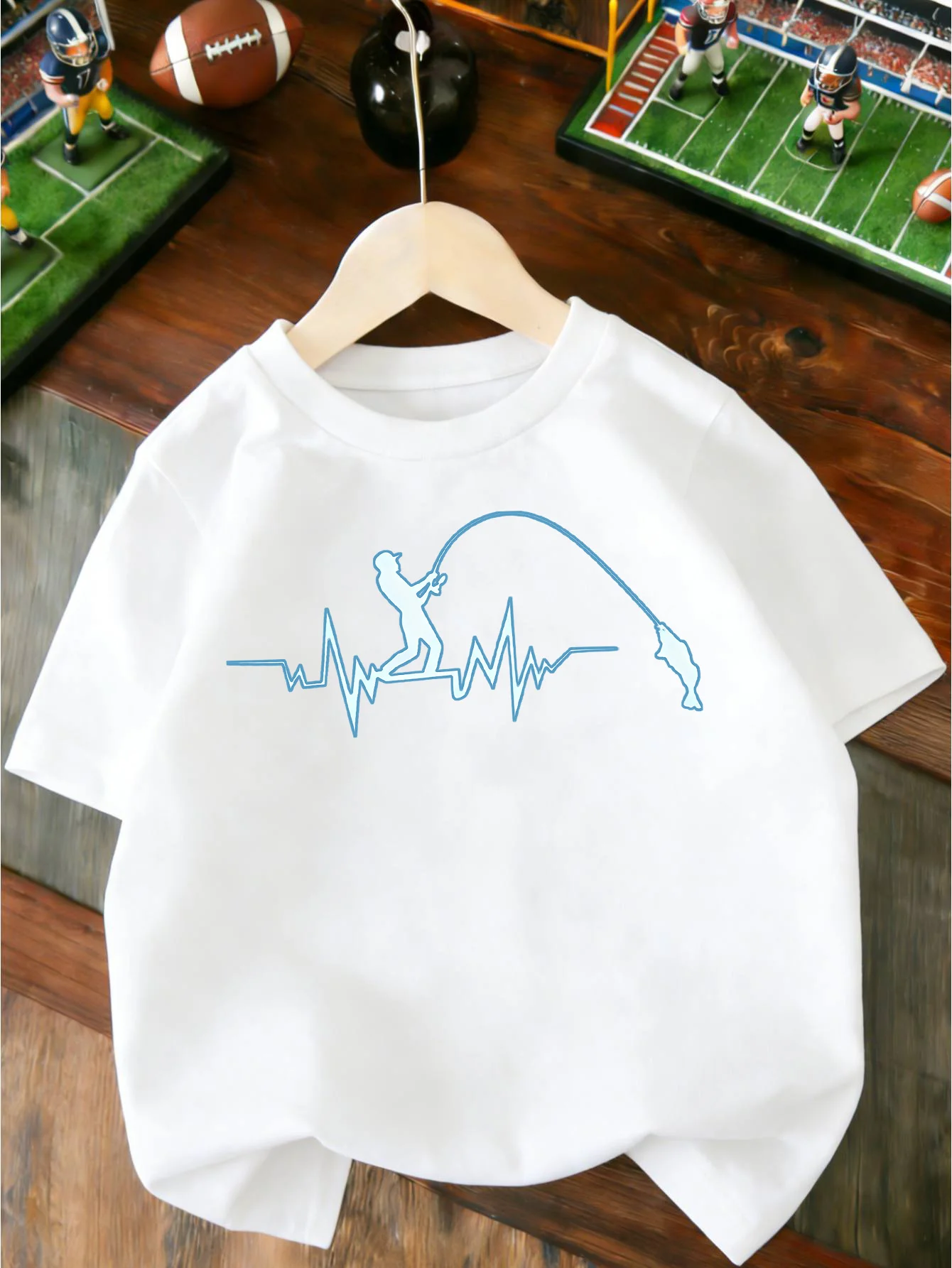 Fisherman Heartbeat Pulse Line Art Fishing Print T Shirt Boys Girls Lovely Short Sleeve Tee Family Matching Kids Cotton Tops
