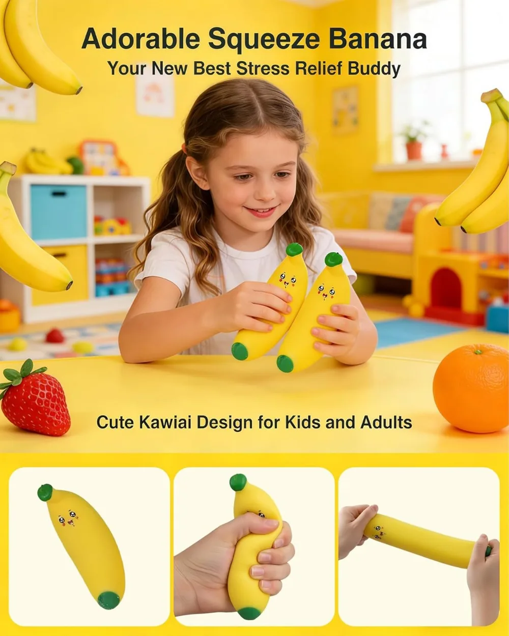 Cute Cartoon Face Banana Squishy Toy Soft Stretchable Squeeze Fidget Toy Stress Relief Prank Toy for Adults Office Relax Gift