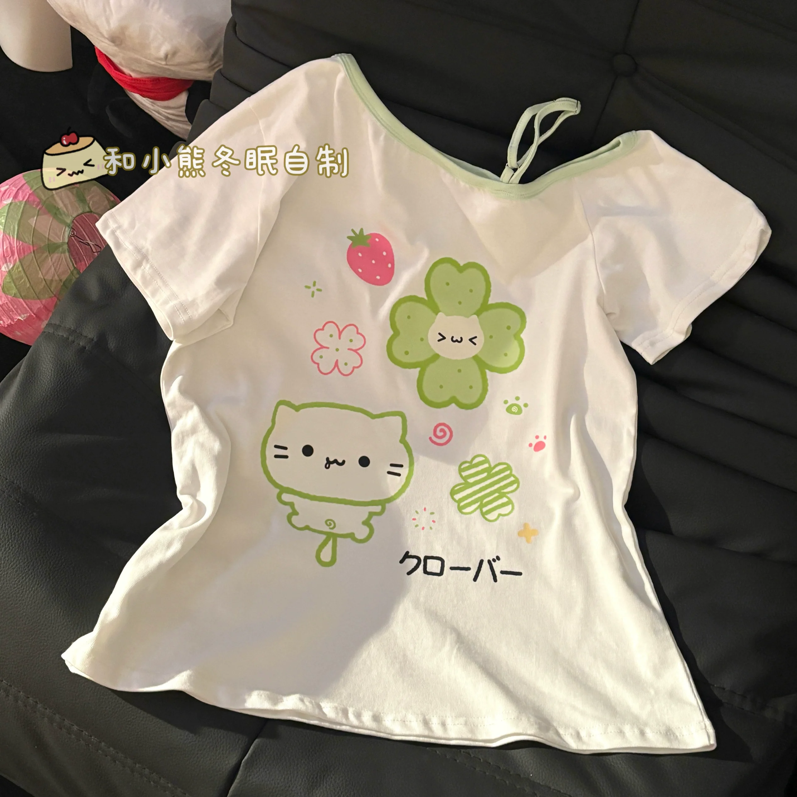 Japanese Kawaii Off Shoulder Tops+Plaid Skirt Set Women Cute Clover Print Tee and Lace Trim Mini Skirt Soft Girl Summer Outfit image 5