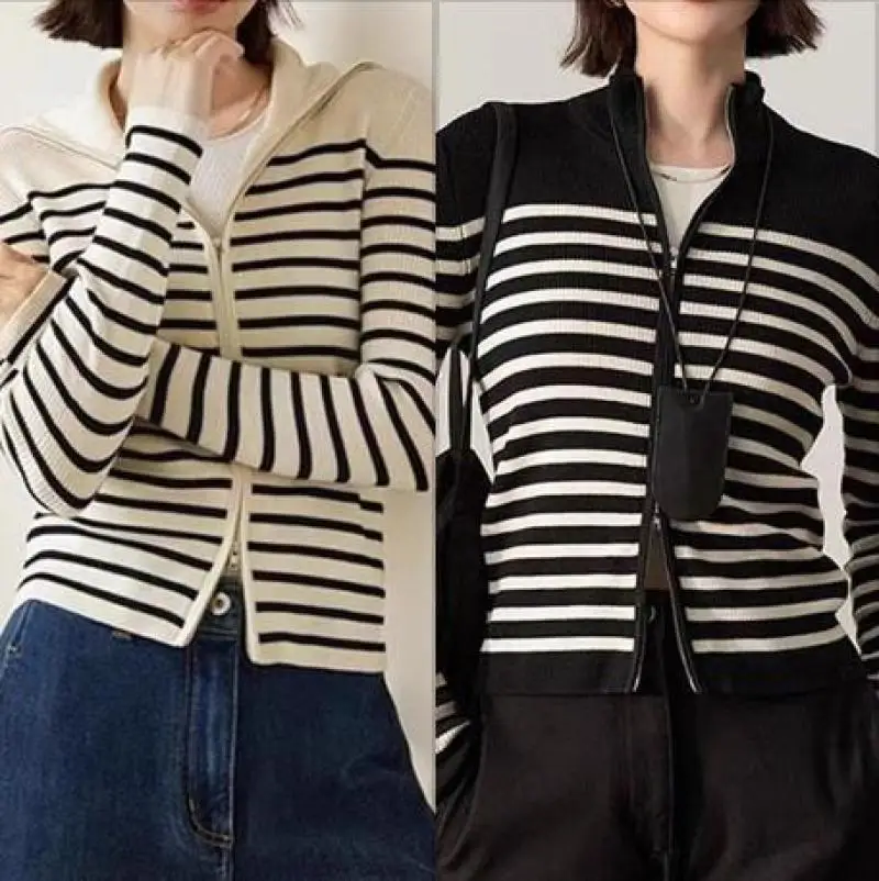 Wool Knitted Cardigan Women Long Sleeve Striped Elastic Zipper Lapel Top