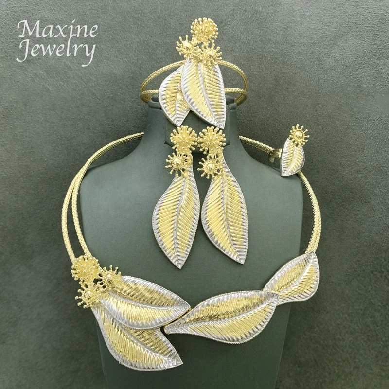 

Personalized Leaf Shaped Collar Exaggerated Choker Luxury Jewelry Set Necklace Earrings Bracelet Ring Bridal Wedding Party Gifts