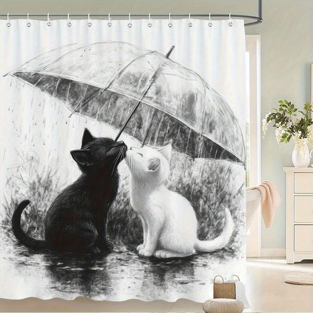 Waterproof Bathroom Shower Curtain Cat Kitten Umbrella Rain Drawing Art Home Decor Pet Shower Curtain Tile Design