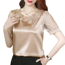 M-3XL Elegant Fashion Silk Satin Shirt Patchwork Lace Tops Short sleeved Hollow out Summer Women Blouse