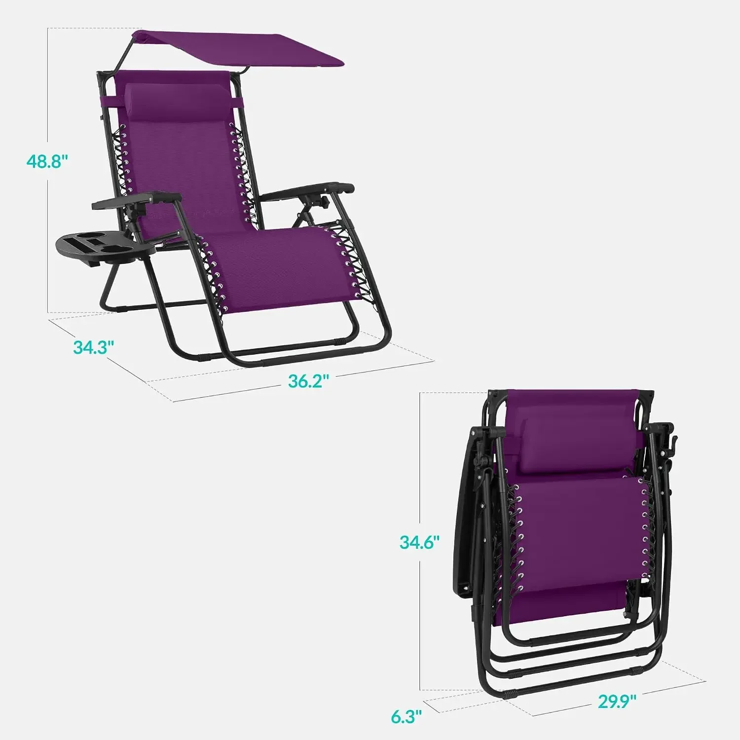 Purple Outdoor Zero Gravity Lounge Recliner Canopy Shade Headrest Side Tray Wide Folding