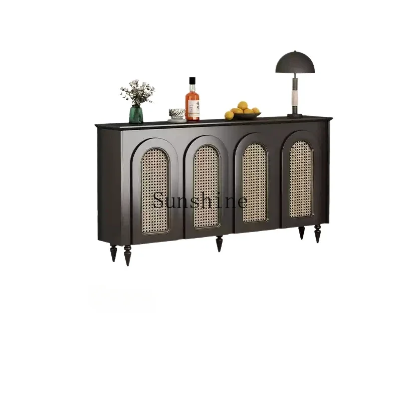 Medieval style living room wall storage American retro rattan edge ultra-thin cabinet