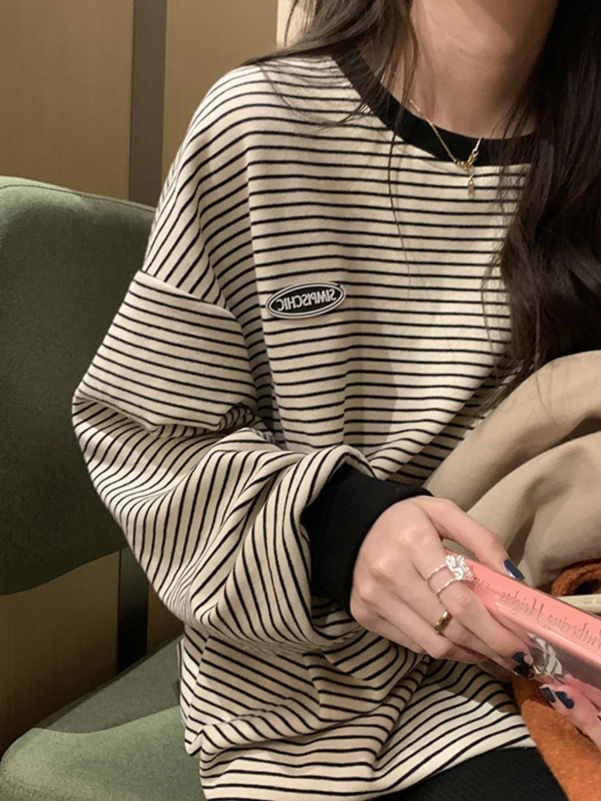 Dames gestreept lang Sve round Ne T-shirt Base irt Koreaanse Sle Top herfst nieuwe collectie comfortabel losvallend sweatshirt