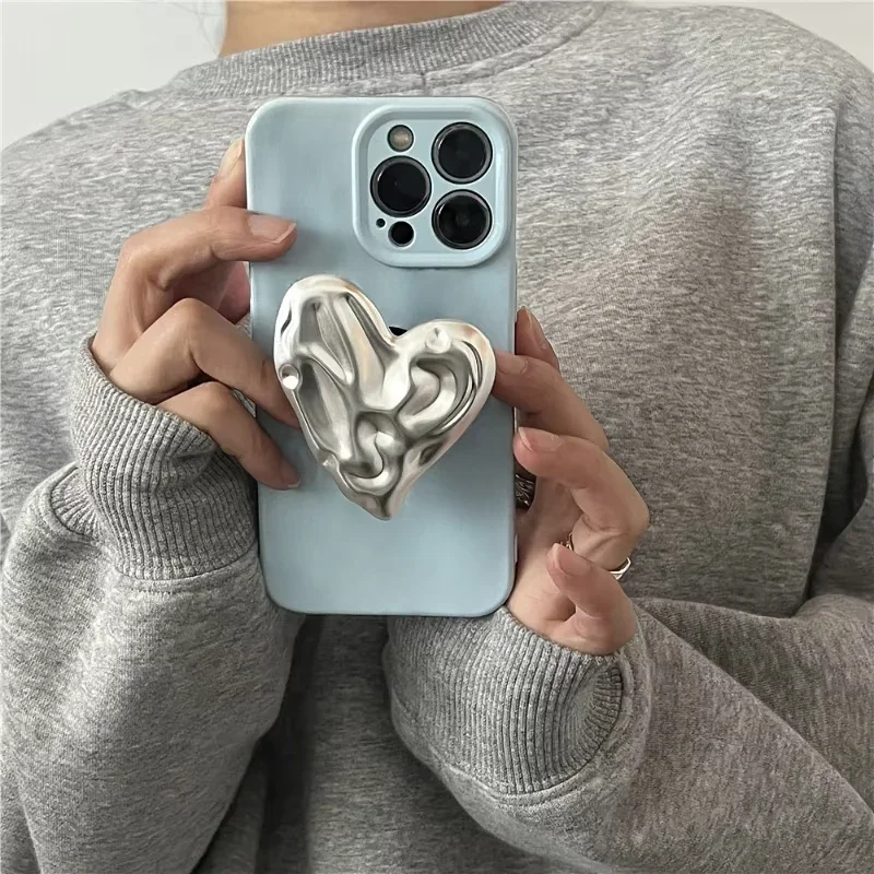 Silver Heart Holder Grip Cases For iPhone 15 Pro Max 14 Plus 16 Pro 13 12 11 Korea Griptok Case with pop Grip Socket non magsafe