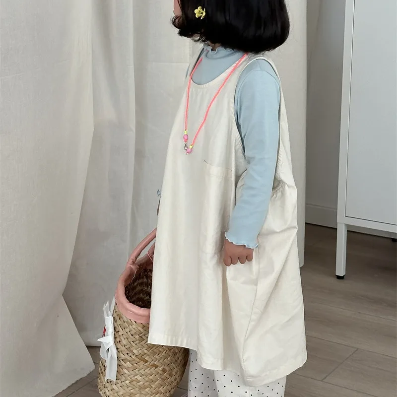 تنورة سترة مكدسة بجيب للفتيات للربيع والخريف منتج جديد ملابس أطفال فستان بسيط بلون واحد للأطفال