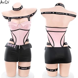 AniLV Hot Girl Car Model Leather Locomotive Uniform Costume Women Sweet Pink Strap Hollow Bodysuit Short Skirt Cosplay