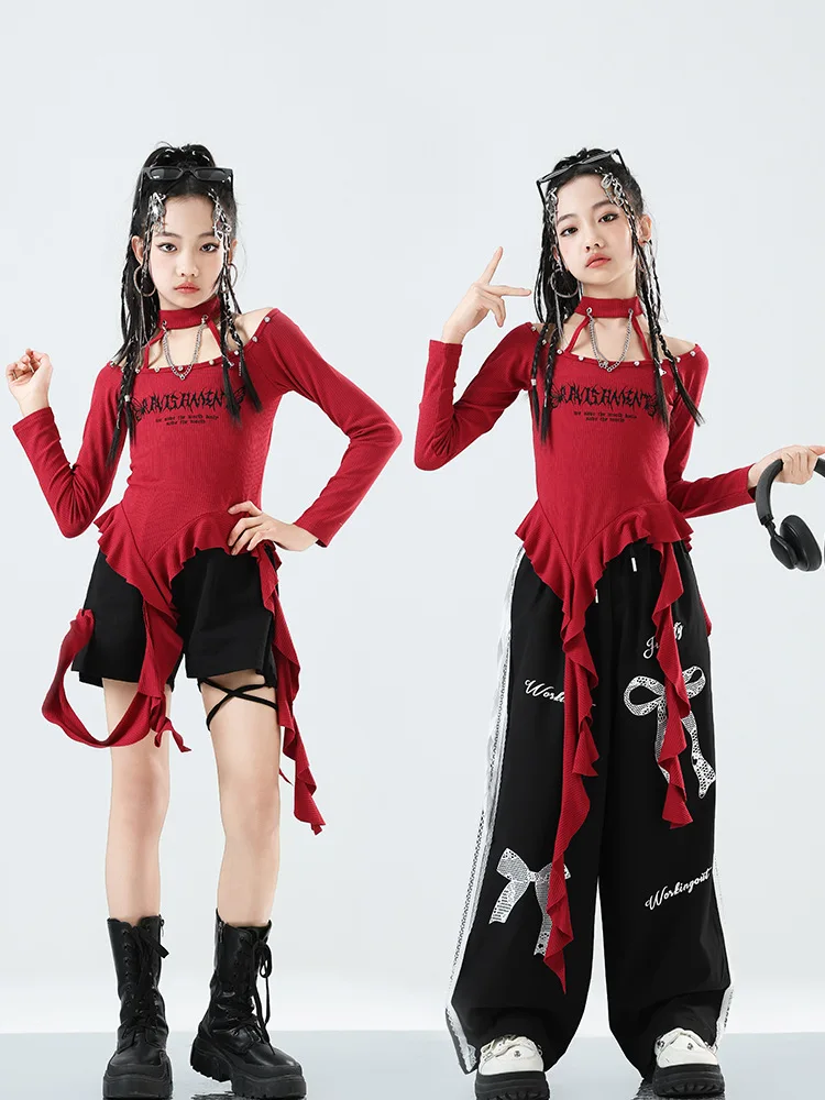 Kinder K-pop Unregelmäßige Crop Top Street Dance Lose Hosen Mädchen Gruppe Kleidung Jazz Kostüm Kinder Hip Hop Streetwear set