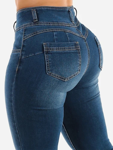 Imagen 1 del producto Apertura de cremallera abotonada, pantalones vaqueros mini acampanados elegantes y sexys, adelgazantes, de cintura alta, azules, lavables, que mejoran las nalgas