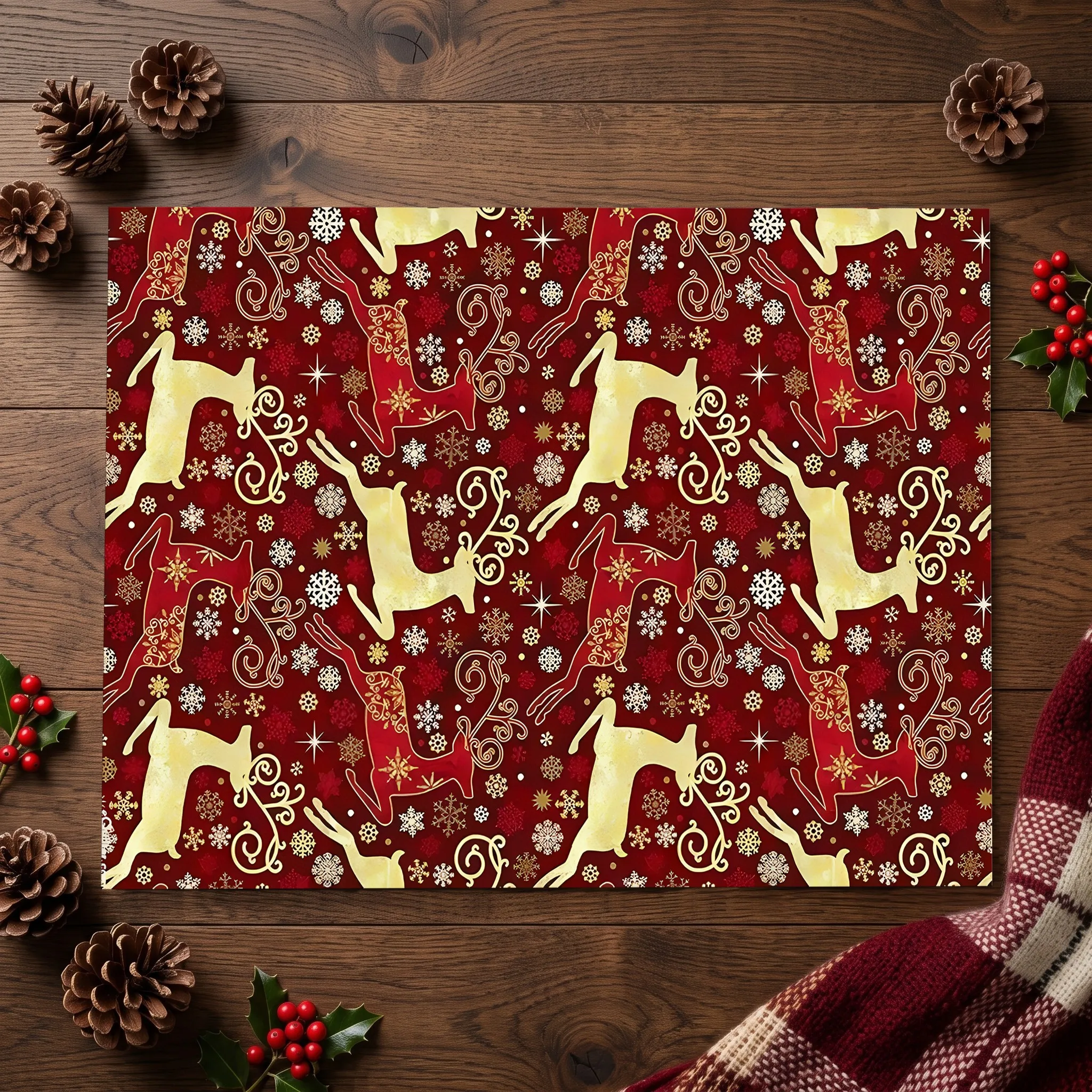 Red Background with Gold Reindeer and Snowflake Print, Retro and Festive Christmas Style, Suitable for Living Room, Bedroom, and Entryway, Creating a Warm Autumn/Winter Atmosphere with a Velvet Carpet