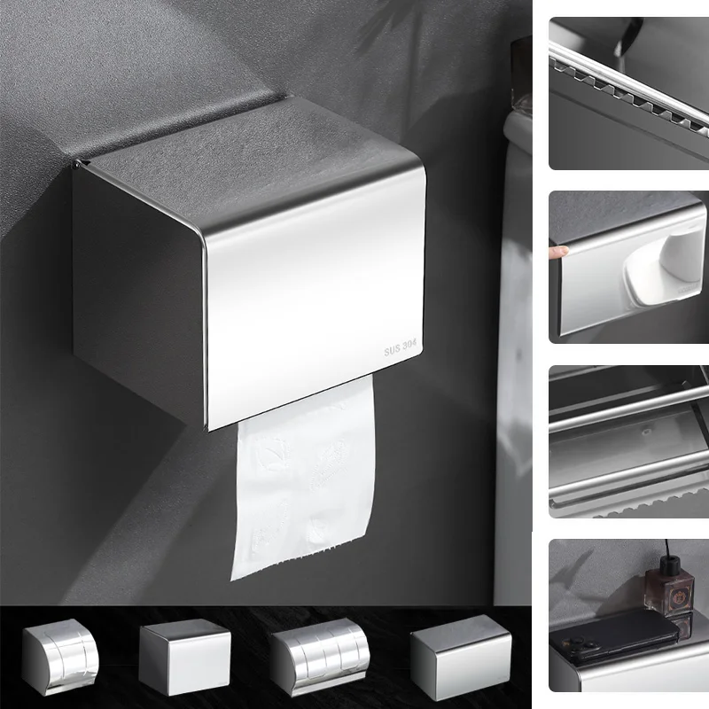 

304 Stainless Steel Bathroom Tissue Box Wall Mounted Toilet Paper Holder Use Draw Tissue Box Storage Rack No Drilling Required