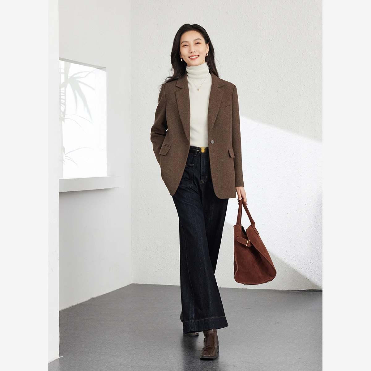 VIMLY سترة قهوة نسائية أنيقة شتاء 2025 معطف نسائي مبطن سميك من مزيج الصوف بأكمام طويلة سترة نسائية M9270