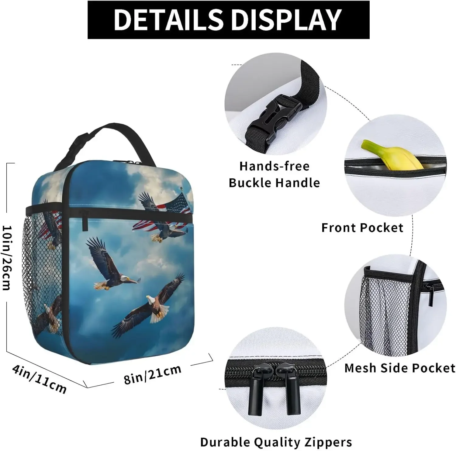 Bald Eagle Print Insulated Lunch Box Gifts for Kids Adults American Flag and Blue Sky Design Reusable Portable Lunchbox