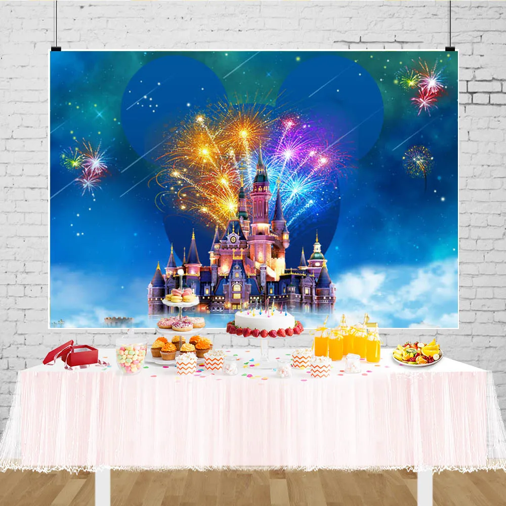 Dreamy Disney Princess Castle Backdrop Mickey Minnie Mouse Birthday Girls Party Fireworks Decorations Photo Background Banner