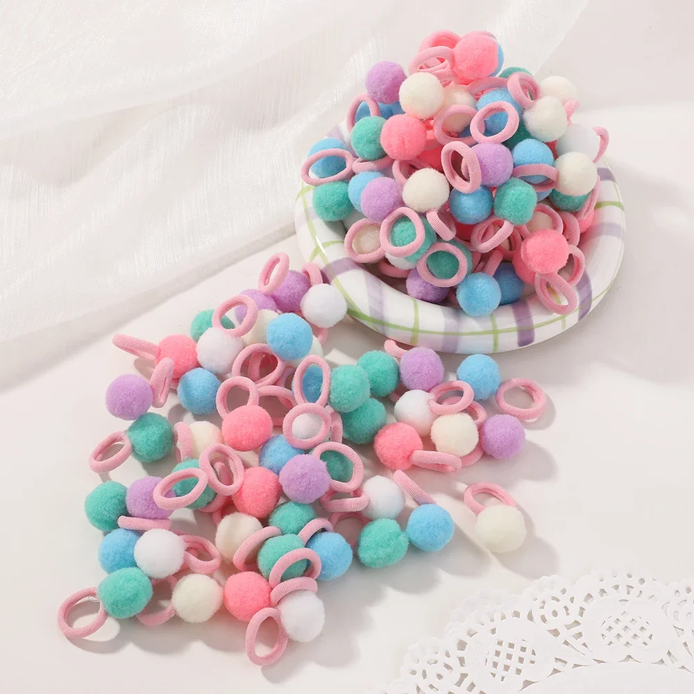 10개/세트 플러시 볼 탄성 헤어밴드 여자아이용 고무줄 스크런치 머리끈 아기 헤어 액세서리 어린이용 스위트 클립