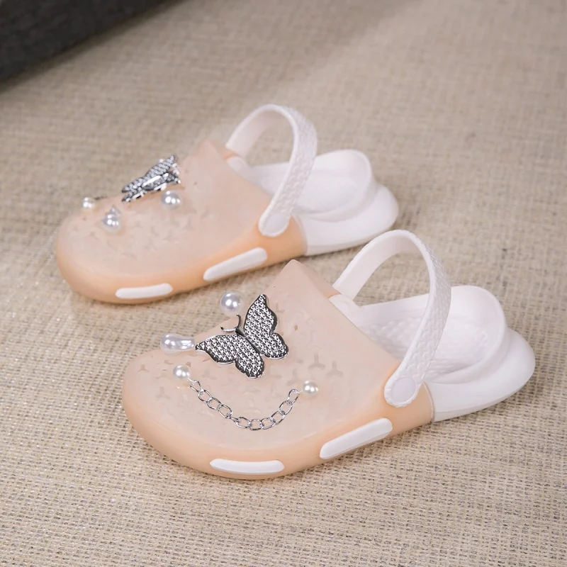 

A Pair Kids Clogs With Butterfly & Pearl Charms, Breathable Anti-slip 2-in-1 Slides, Girls Daily Footwear BT-2398-1
