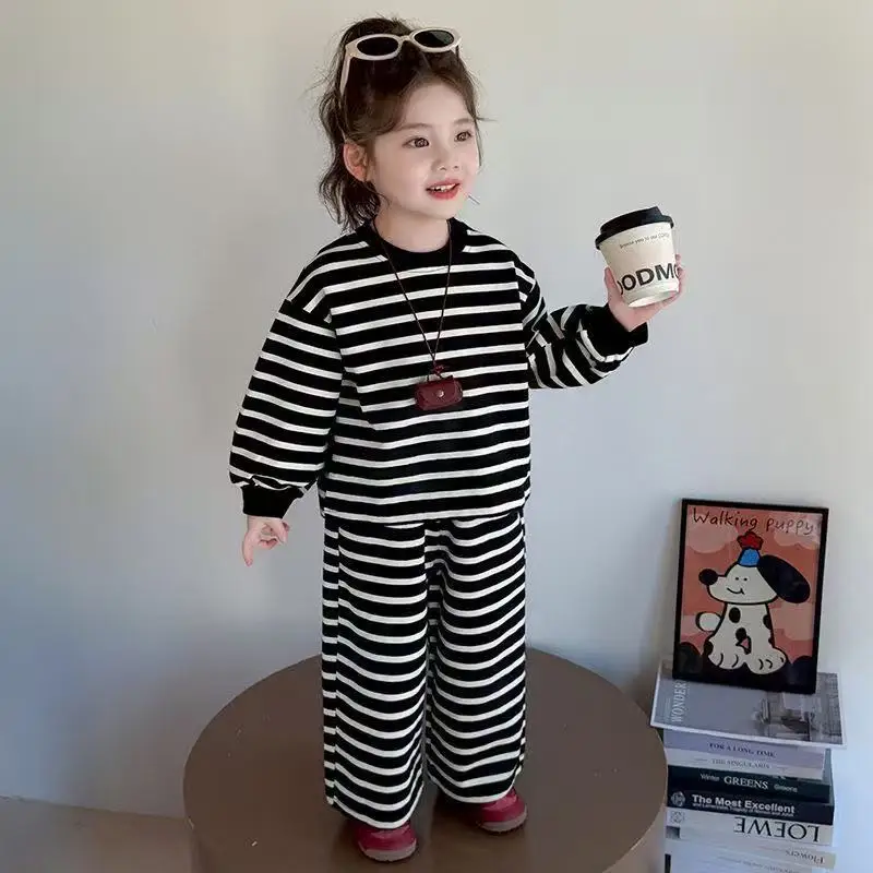 

Spring and Autumn Baby Girls Clothes Set New Children's Korean Edition Casual Striped Hoodie+Pants Two-piece Set