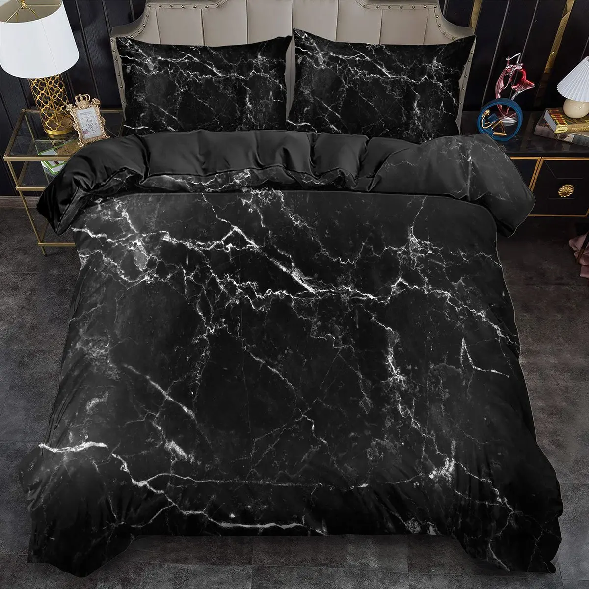 

Black Marble Stone Print Bedding Set King Queen Size Duvet Cover with Quilt Style Bedroom Decor Machine Washable
