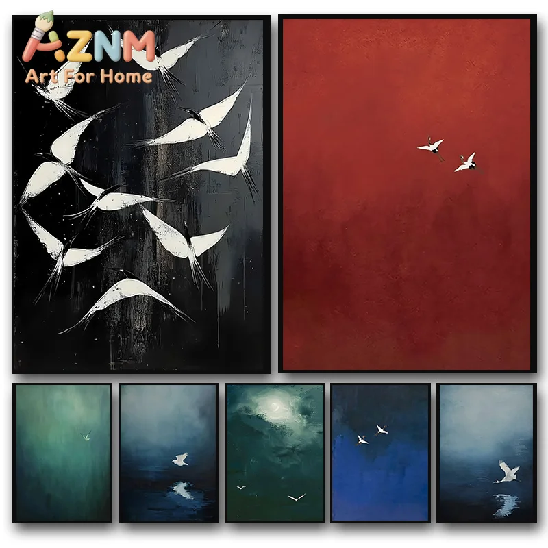 Surrealist Sky and Egret Poster Vintage Flying Birds Canvas Painting Minimalist Abstract Wall Art Picture for Living Room Dec