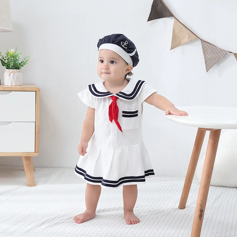 Summer Baby Romper Newborn Girl Sailor Outfit with Diaper Button Infant Cotton Short Sleeve Jumpsuit with Hat Toddler Clothes