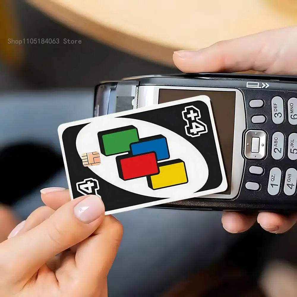 ملصقات Wild Draw Four u-UnO-oS لخصم الائتمان وبطاقة شحن البنك وحافلة مترو المقاومة للماء لتزيين ملصق الديكور