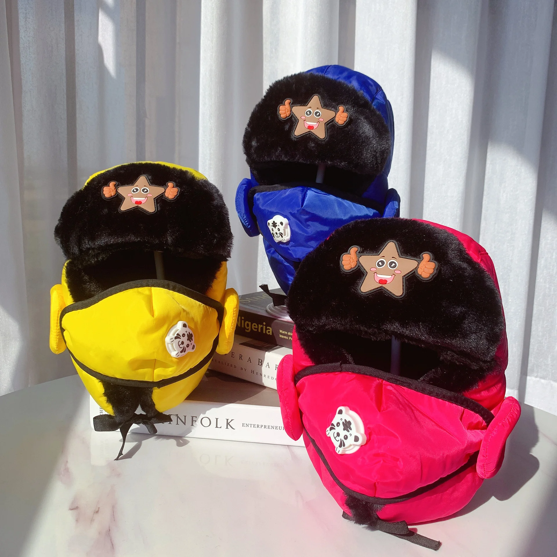 Winter Pentagram pattern winter hat detachable mask for boys and girls outdoor riding cold proof warm fleece Lei Feng hat