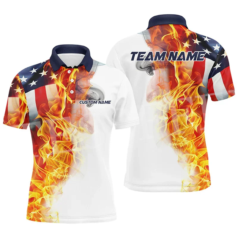 

Custom Name Flame Bowling Ball Tattoo Vintage Button T-Shirt 3DPrint Summer Polo Jersey Shirts Harajuku Casual Short Sleeves A19