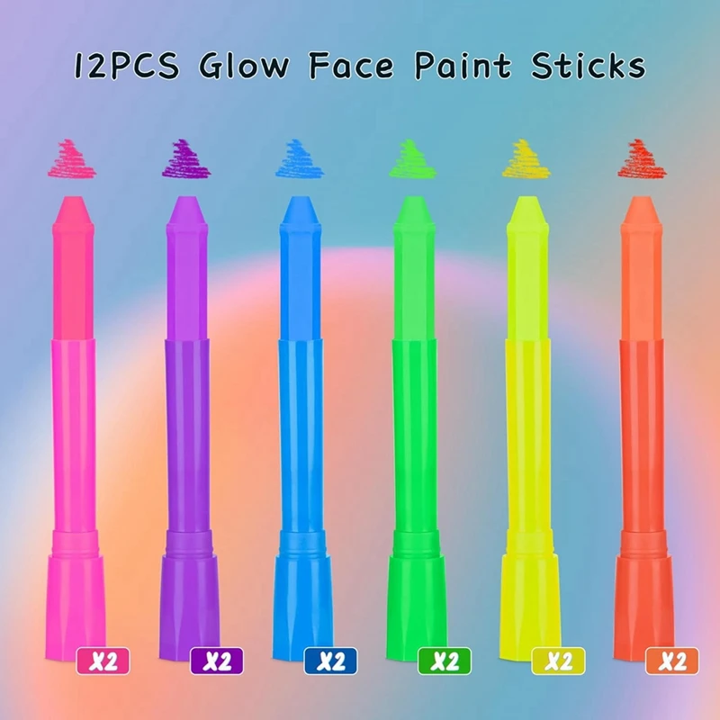 12 Pack Kit Glow In The Dark Face Body Paint Neon UV Fluorescent Crayon Paint Stick Makeup Set For Kids Adults