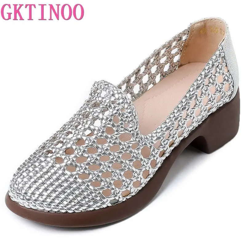 2024 Summer Hollow Woven Breathable Shoes Women Sandals Big Size Thick Heels Genuine Leather Shoes Summer Casual Sandals