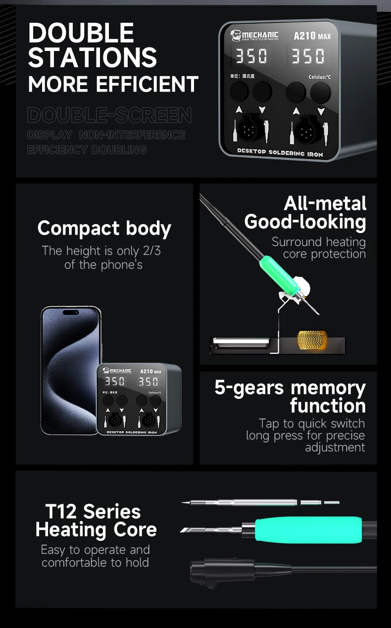 MECHANIC A210 MAX Soldering Station C210 Tips Double Station Welding Rework Station For Cell-Phone PCB SMD IC Repair Solder Tool