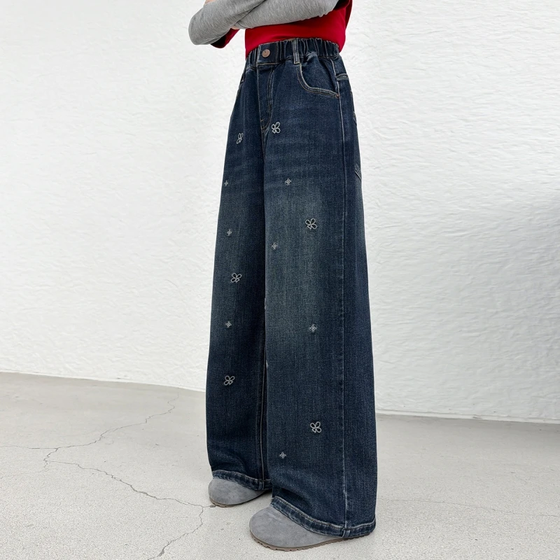 Teen Girls Floral Embroidery Wide‑Leg Jeans 6‑16 Years Pull‑on Elastic Waist Casual Spring Autumn Decor Denim For Girls