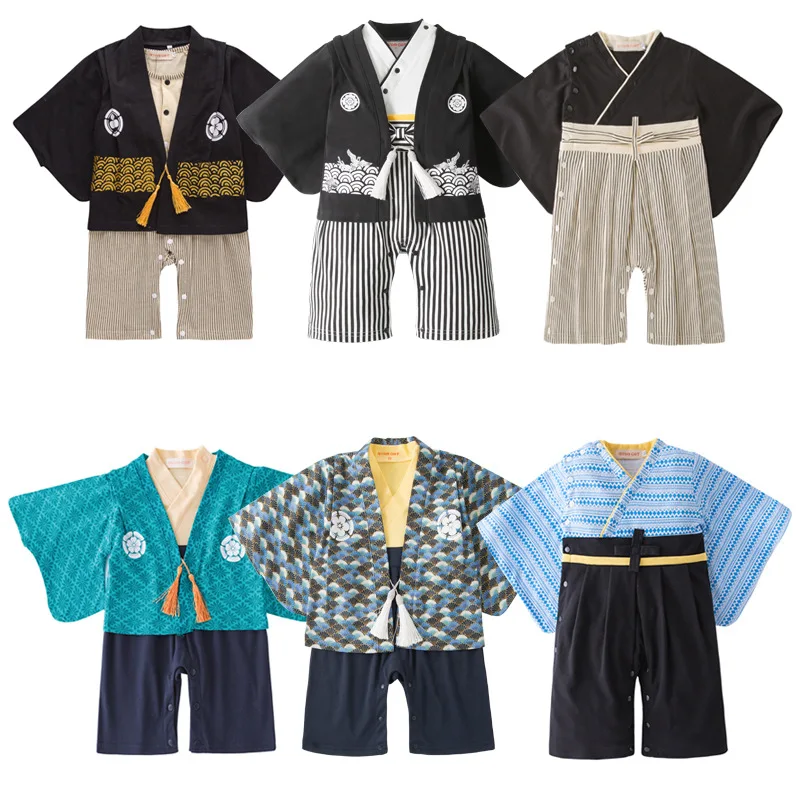 2pcs Baby Boys Japanese Kimono Style Infant Cotton Yukata Boys Jumpsuit Clothes Costume Newborn Samurai Kimono Party Outfit