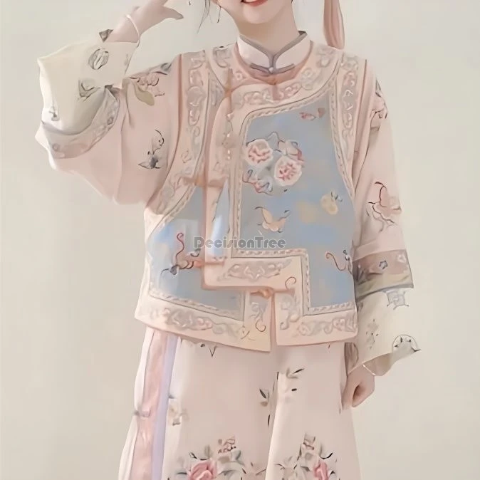

2025 chinese improved qing dynasty printed ancient costume princess style 2 piece set hanfu women cheongsam button retro hanfu
