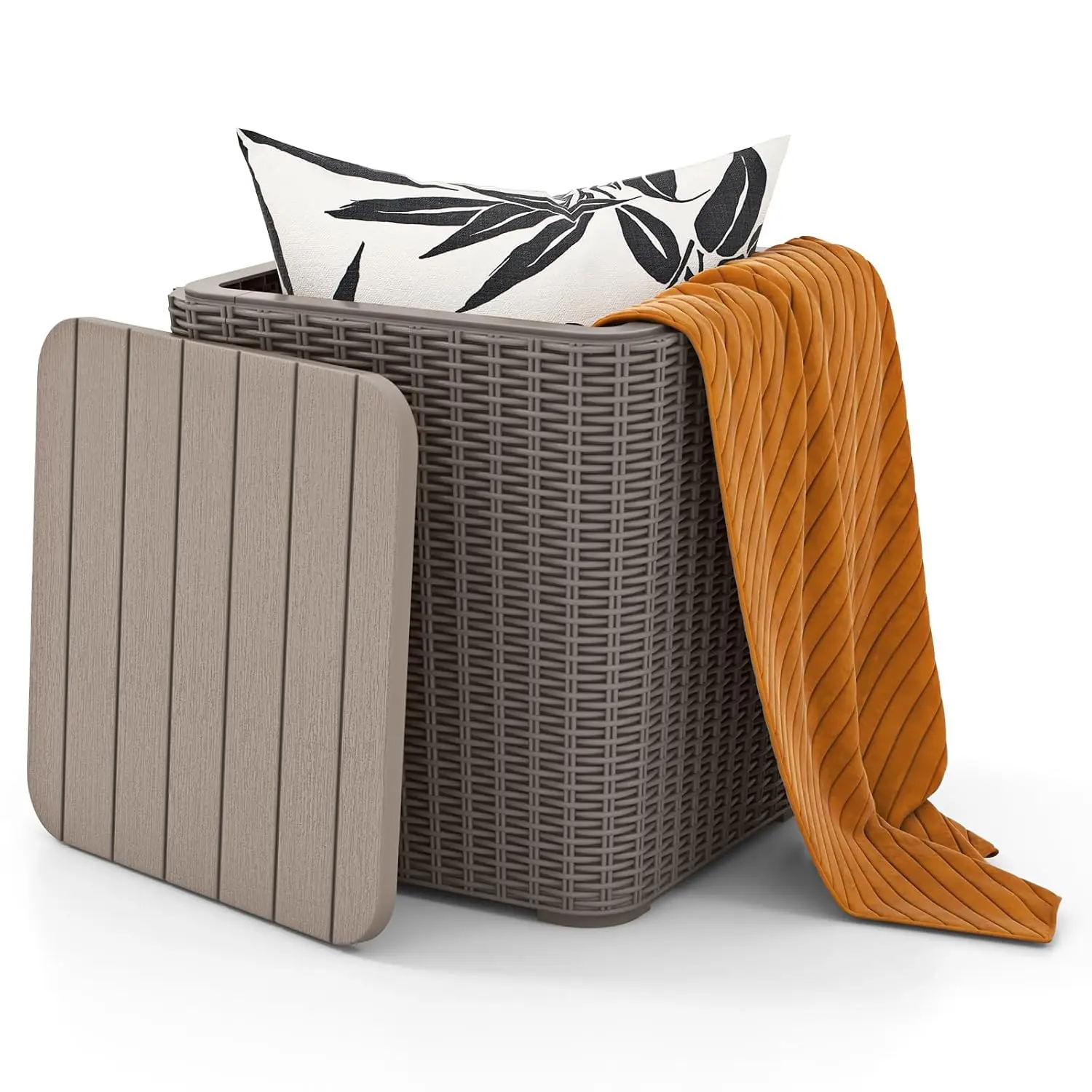 11.5 Gallon Water-proof Deck Box, Outdoor Patio Storage Box w/Removable Lid &, Faux Rattan Storage Container Side, Customized