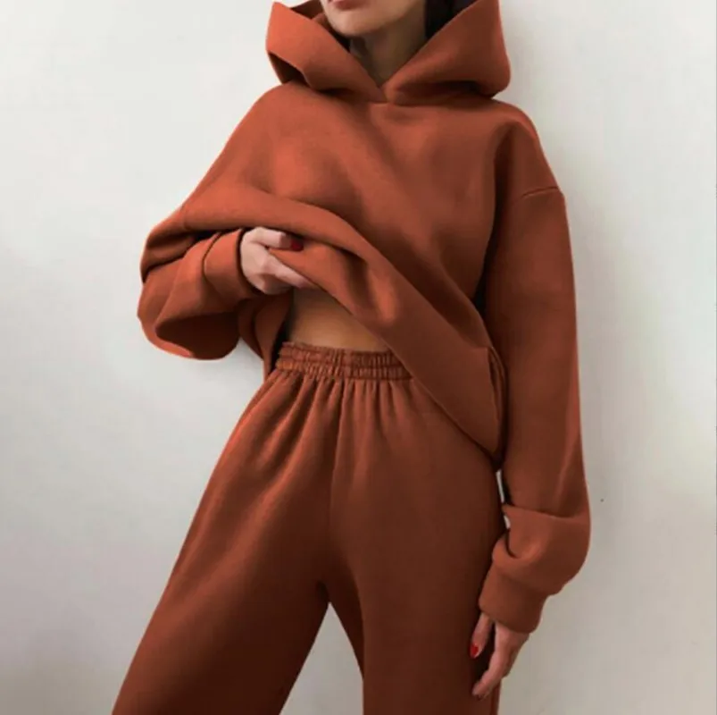 Women\'s Tracksuit Suit Autumn Fashion Warm Hoodie Sweatshirts Two Pieces Oversized Solid Casual Hoody Pullovers Long Pant Sets