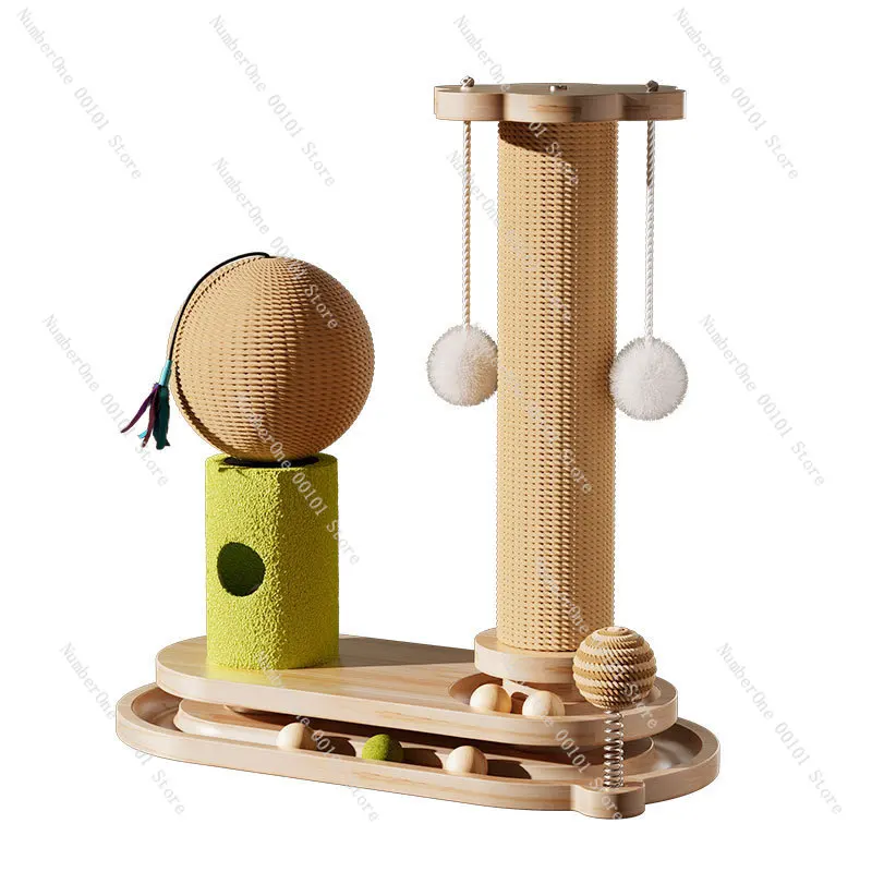 Self-Entertaining Cat Tree Scratcher Toy Ball Sisal Scratching Post Multi-Level Interactive Cat Tower Furniture for Indoor Cats
