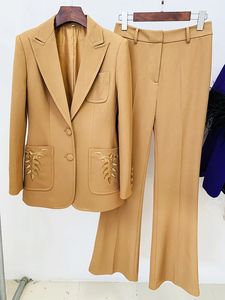 HIGH STREET Newest Fashion 2024 Designer Suit Set Women\'s  Slim Fit Single Breasted Embroidery Blazer Pants Set 2pcs