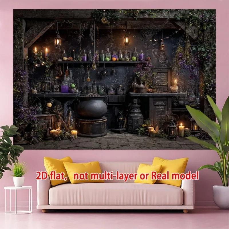 Witch Potion Room Cauldron Herbs Candles Magic Shop 2D Flat Tapestry Backdrop For Halloween Decor Gothic Wall Hanging Art Print