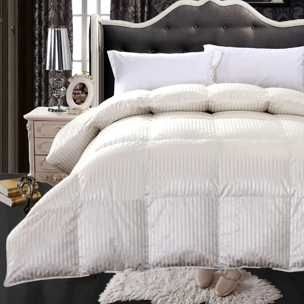 

Silk Goose-Down Comforter, Luxury Down Duvet Insert, 450 TC Cotton-Silk Striped Cream Shell 650FP, Full/Queen, Comforter