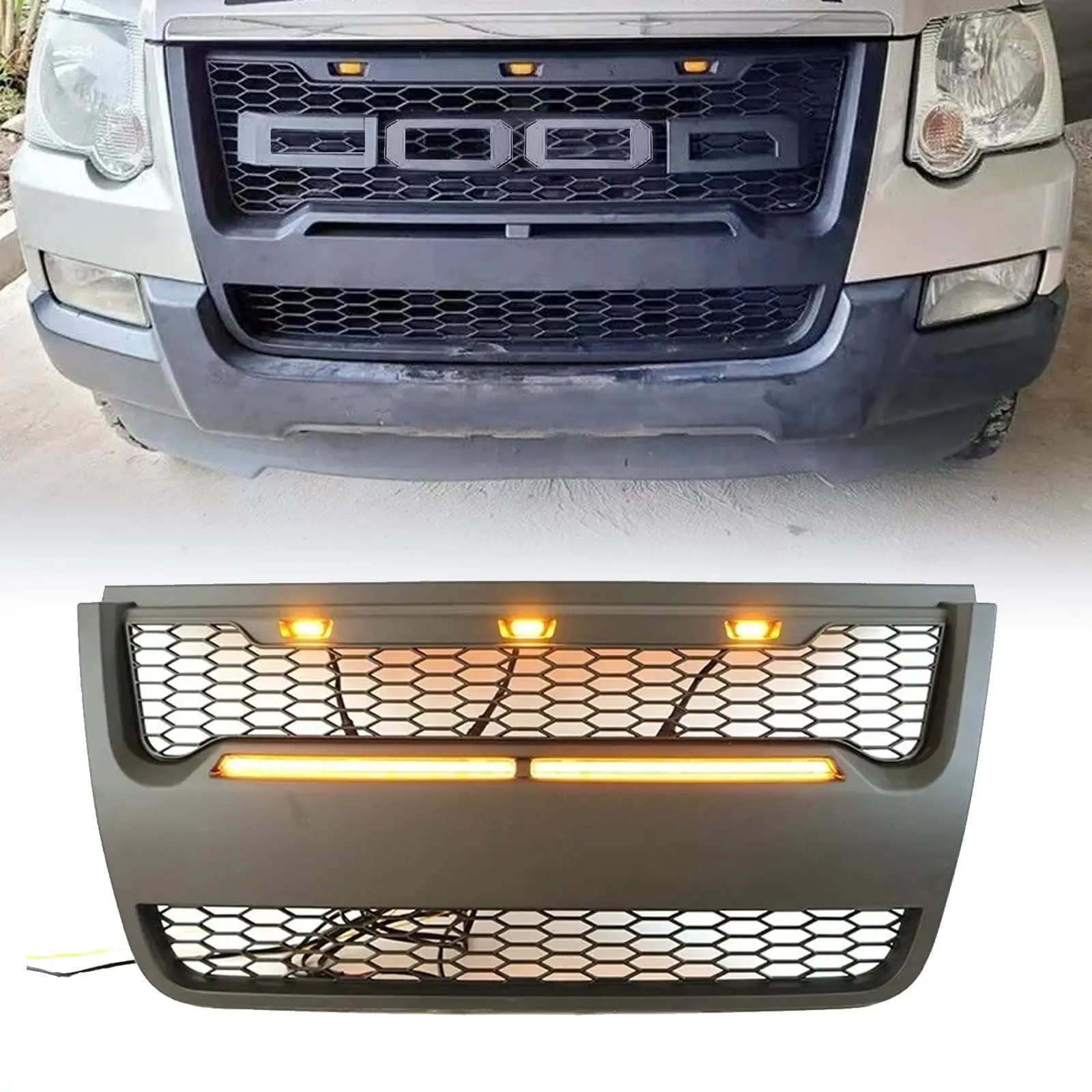 Front grille compatible with 2006-2010 Explorer ABS front grille with 3 LED light bar and lettering