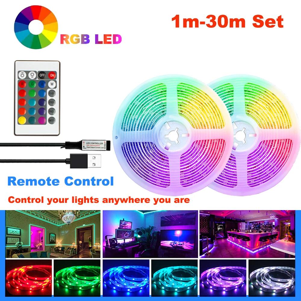 Bande lumineuse LED 5m 10m 20m 30m, décoration de salle TV, rétro-éclairage couleur RGB, 3 touches, 24 touches, 44 touches de contrôle pour noël