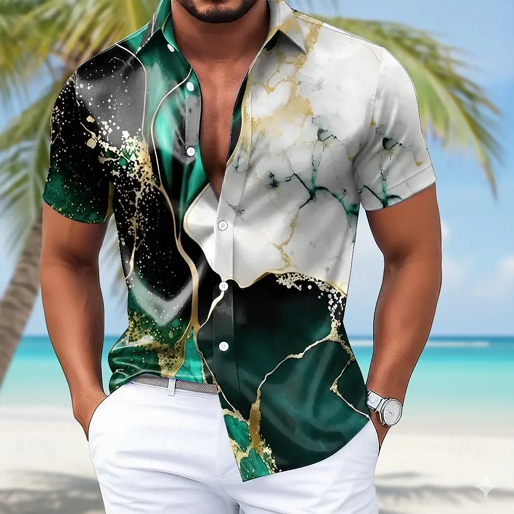 

Men's Marble Abstract Liquid Art 3D Print Shirt, Short Sleeve Turndown Collared Button Up Dress Shirt, Summer Daily Vacation