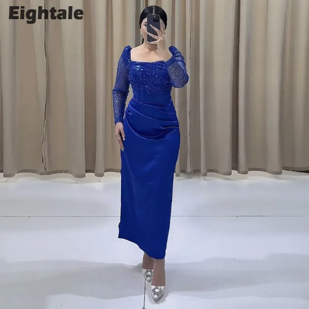 Eightale Tea Length Evening Dresses Sequined Long Sleeves Satin Royal Blue Custom Made Color Mermaid Prom Wedding Party Gown