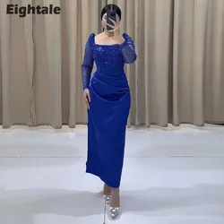 Eightale Tea Length Evening Dresses Sequined Long Sleeves Satin Royal Blue Custom Made Color Mermaid Prom Wedding Party Gown